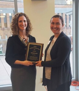 Alisa Morss Clyne (left) receives 2017 Bingham Award from AWIS-PHL President Christina Love